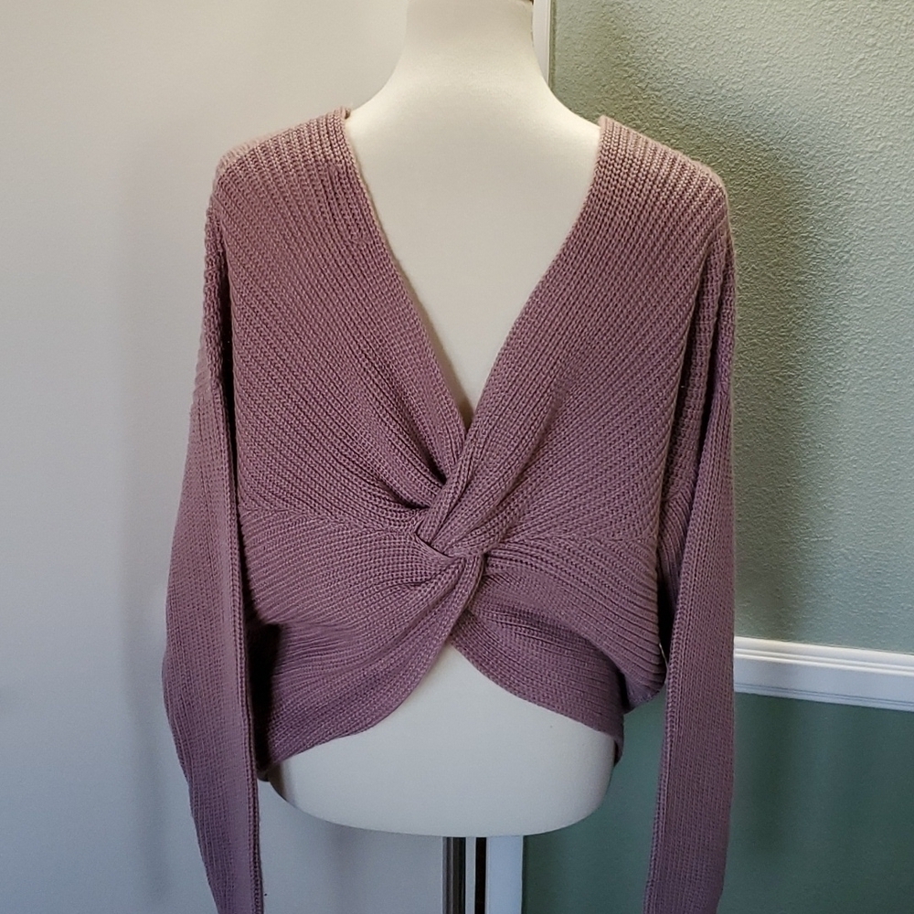 "Love Tree" Long-Sleeve Waffle Knit Sweater, with V-neck Front & Twisted Back - Picture 2 of 14